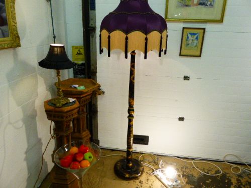 1920’S Black Lacquered Standard Lamp with Chinoiserie Design and Handmade Shade.