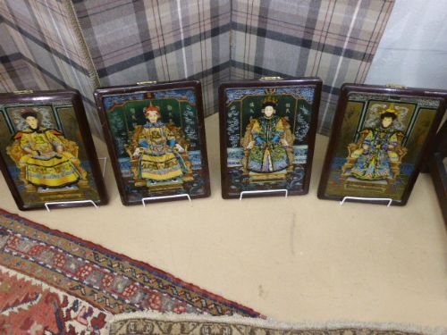 Wonderful Colourful Set of 4 Chinese Paintings on Glass.