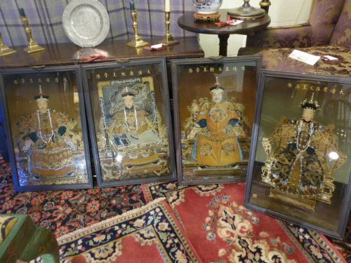 Wonderful Set of 4 Colourful Chinese Paintings on Glass.