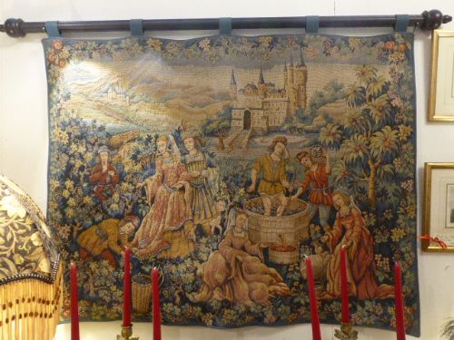 Beautiful French Tapestry with Medieval Garden Scenes of a Vinery, Complete with Hanging Pole.