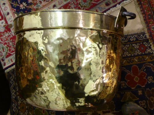 Large Victorian Brass Logbin with Iron Carrying Handle