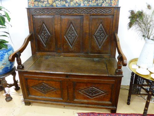 18th Century Carved Oak Box Settle.