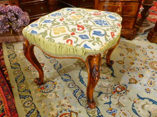 Fine Example of Victorian Walnut Stool with New "William Morris" Style Material.