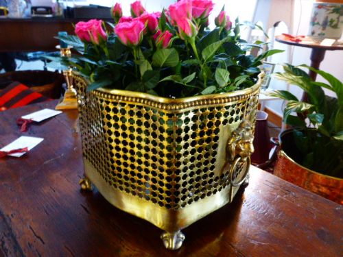 Decorative Pierced Brass French Plant Holder with Lions Head Handles.
