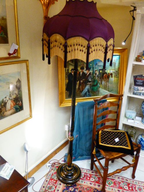 Black Lacquered Lamp in Chinoiserie Design with Handmade Silk Shade. C. 1930.