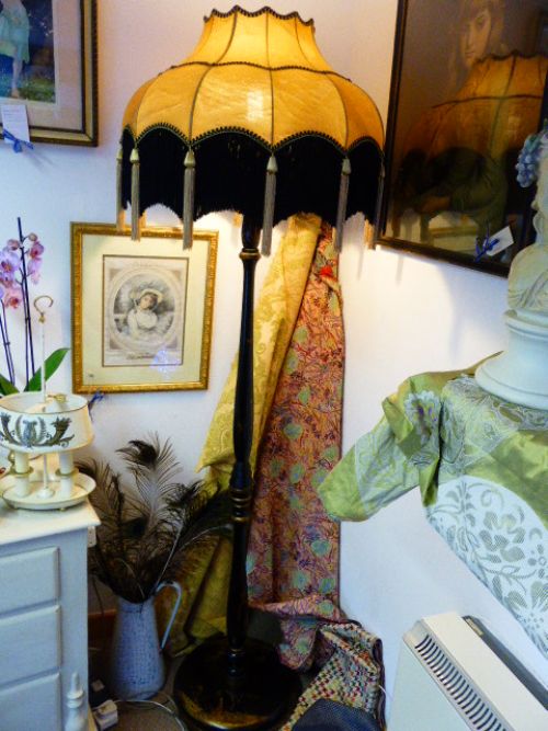 1920'S Black Lacquered Lamp, Chinoiserie Design with Handmade Shade.