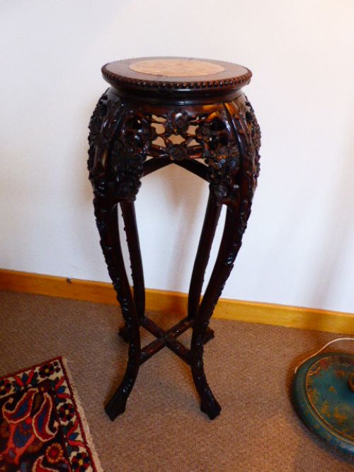 19th C. Carved Oriental Padouk Wood & Marble Jardiniere Stand