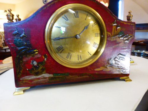Red Lacquered Mantle Clock with a Chinoiserie Design