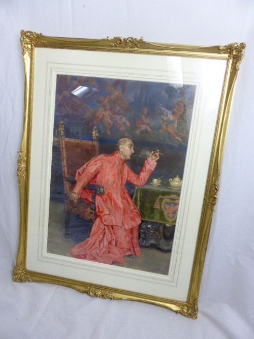 "The Smoking Cardinal" Interesting Watercolour by Listed Artist Carlo Chiostri