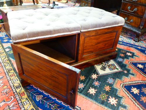 Early Victorian Upholstered Mahogany Long Stool with Cupboards Below.