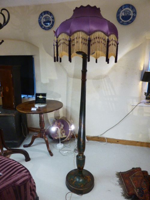 Unusual Green Lacquered Lamp in Chinoiserie Design Including a Beautiful Handmade Shade.