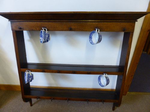 Good Proportioned Oak Plate Rack with Cup Hooks.  C.1800.