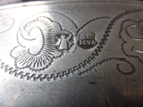 fig 1. 17th Century Charles 1st Large Pewter Alms Dish. Dated 1634.