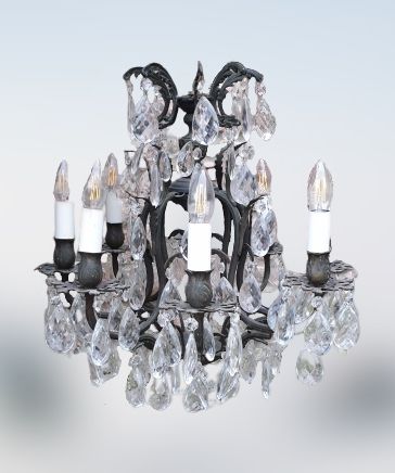 Large Heavy Cast Ornate Brass Chandelier with Cut Crystal Prism Drops