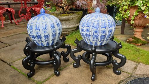 Pair of 20th Century Chinese Jardiniere or Vase Stands with Ginger Jars