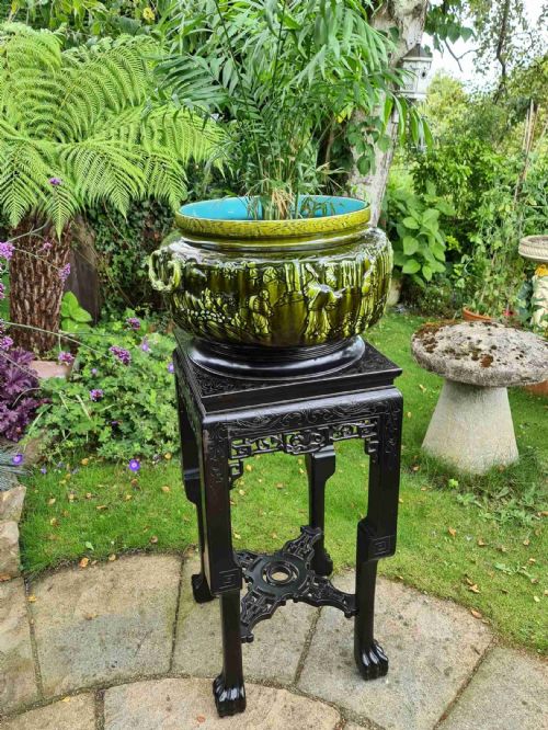 French Sarreguemines Majolica Jardiniere with It's Own Chinese Chippendale Hardwood Stand