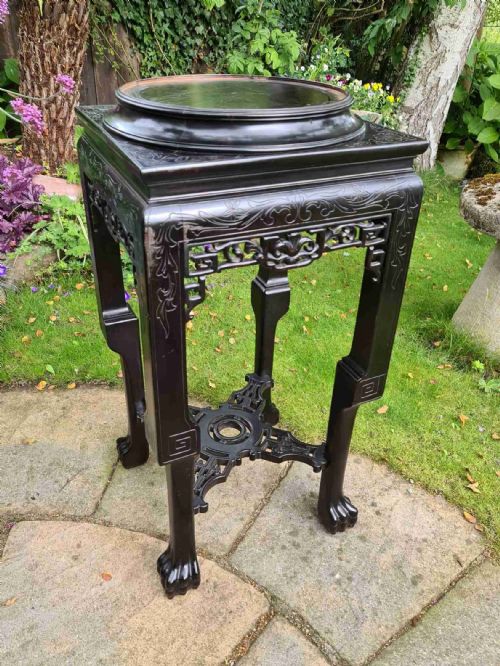 fig 1. French Sarreguemines Majolica Jardiniere with it's own Chinese Chippendale Hardwood Stand