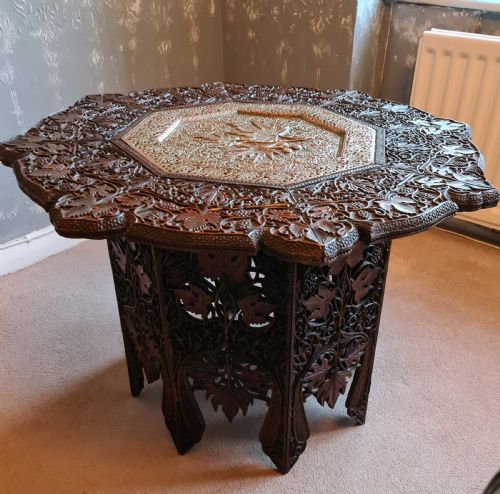 Beautifully Carved Anglo-indian Hardwood Table with Copper Insert