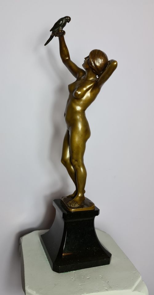Art Deco Bronze of a Nude Holding a Parakeet by Gotthilf Jaeger C1920