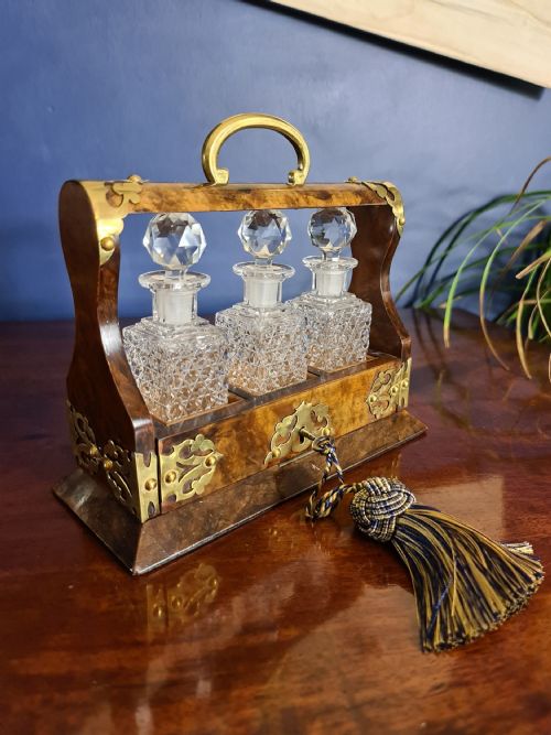 Late Victorian Miniature Burr Walnut and Brass Tantalus C1900
