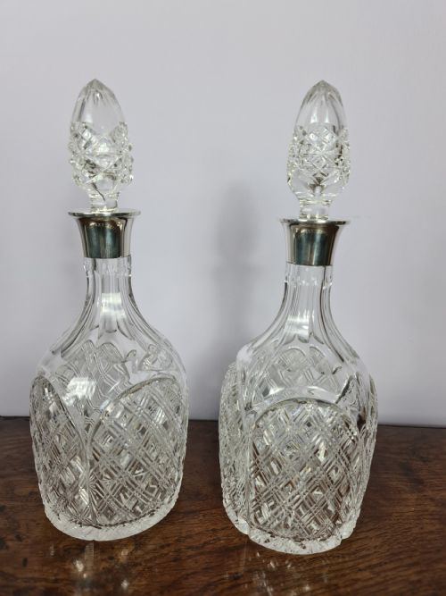 Elegant Pair of Silver Collared Decanters by Mappin & Webb