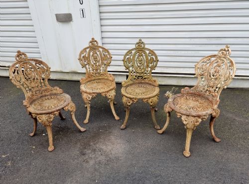 Good Set of Four Victorian Heavy Cast-iron Garden Chairs