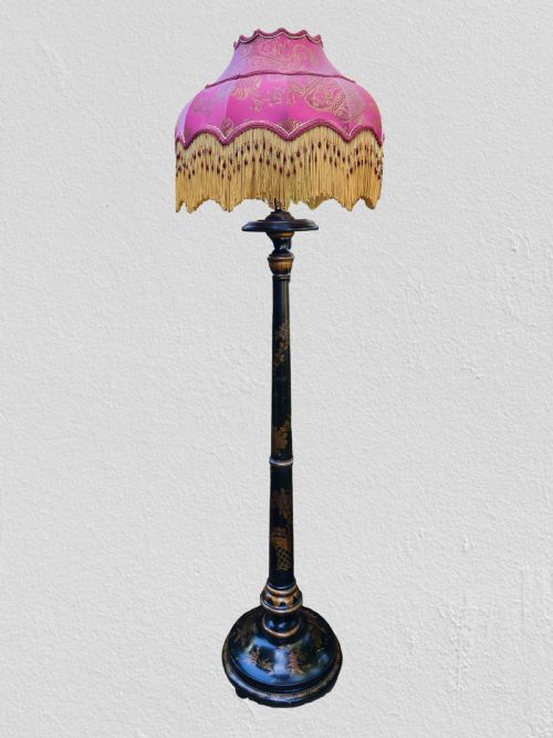 A Large Black Lacquered Standard Lamp with Chinoiserie Design