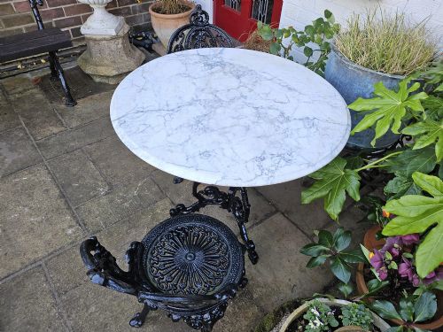CASTIRON BISTRO TABLE BEAUTIFUL LARGE MARBLE TOP 2 HEAVY CASTIRON CHAIRS - ADDITIONAL PHOTO 1