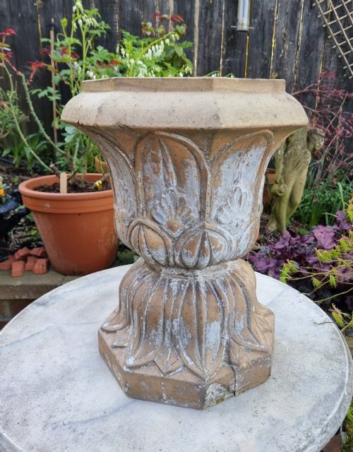 19TH CENTURY WELL PATINATED SCOTTISH TERRACOTTA GARDEN URN