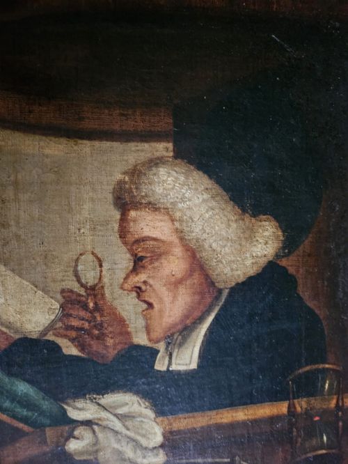fig 1. An antique oil painting on canvas depicting a sleeping church congregation inside a moulded giltwood frame.