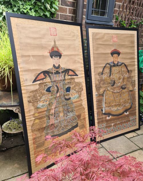 A Large Pair of Framed Chinese Ancestral Scrolls