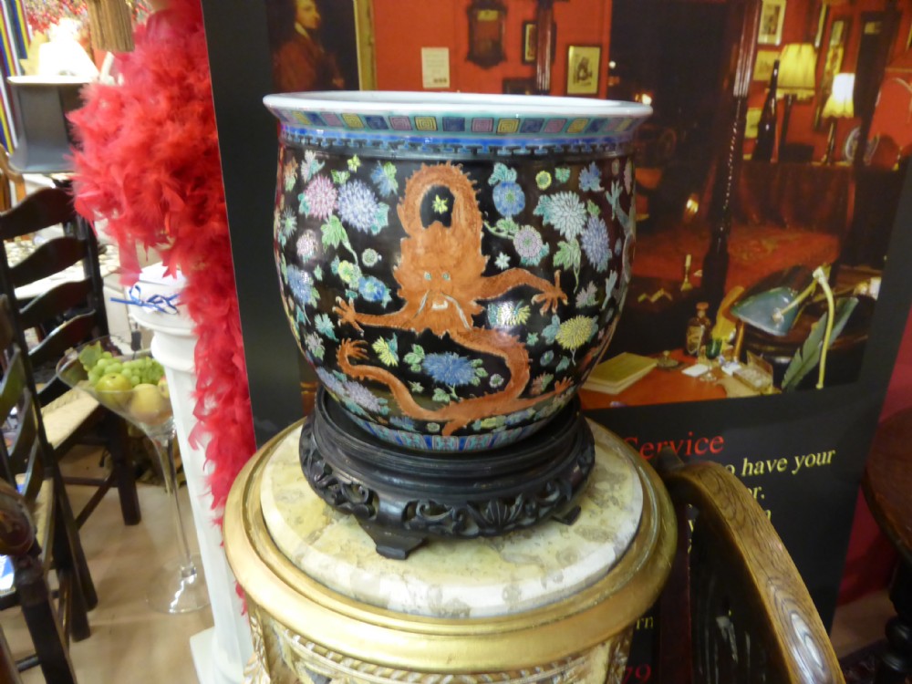 Hand Painted Chinese Famille Noir Jardiniere