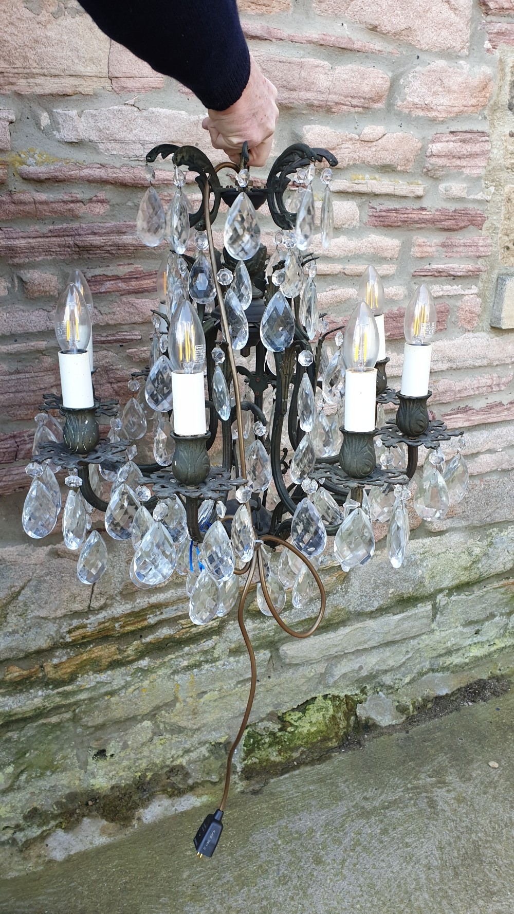 Large Heavy Cast Ornate Brass Chandelier With Cut Crystal Prism Drops View VI