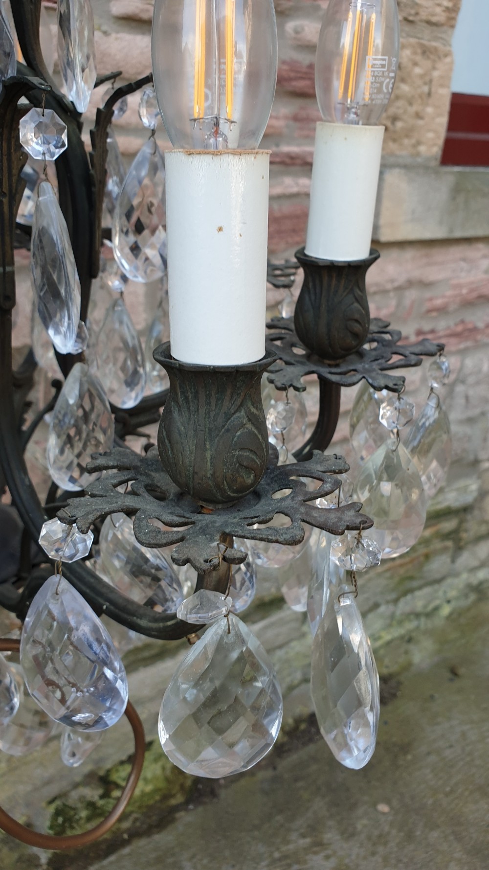 Large Heavy Cast Ornate Brass Chandelier With Cut Crystal Prism Drops View II