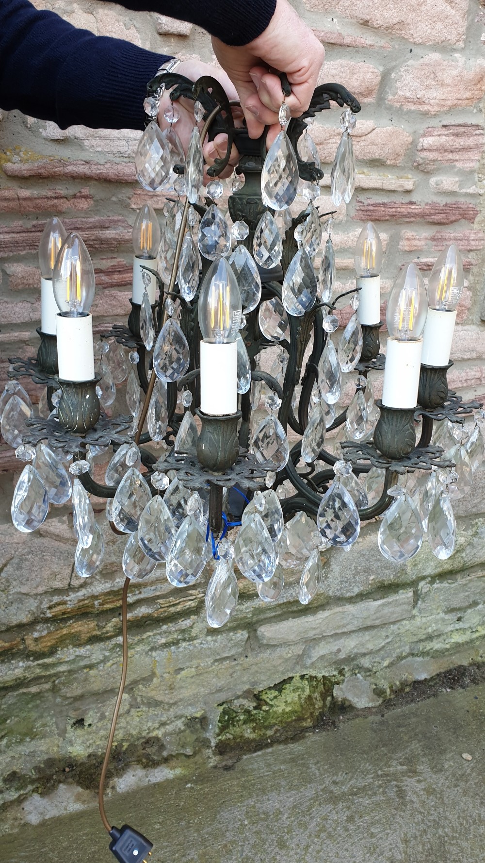Large Heavy Cast Ornate Brass Chandelier With Cut Crystal Prism Drops View IV