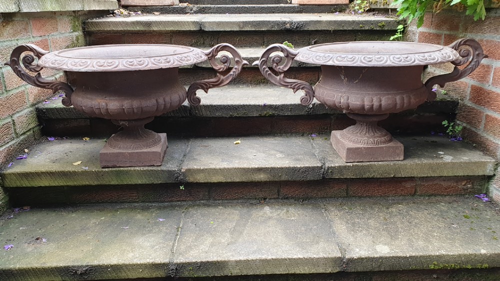 Large Pair French 19th Century Victorian Cast Iron Urns