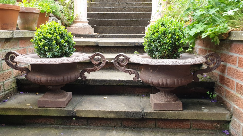 Large Pair French 19th Century Victorian Cast Iron Urns View V