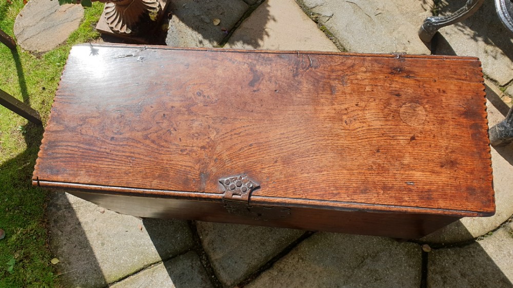 Small 17th Century Oak Coffer with attractive Lock Escutcheon View X