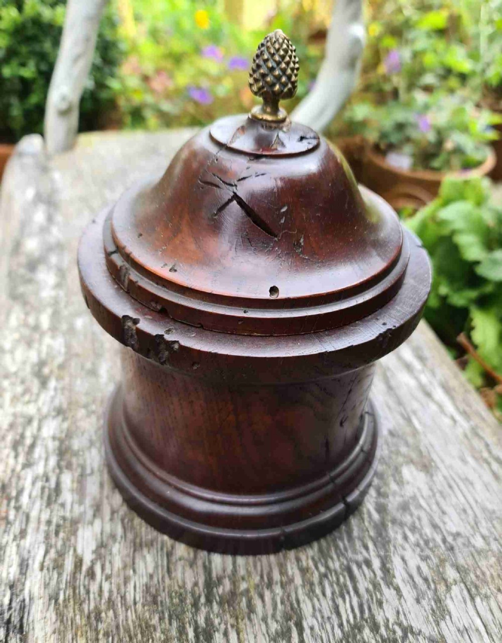 Small Round Oak Jar with Brass Finial.  18th Century