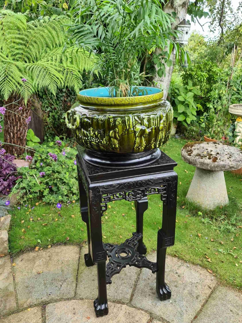 French Sarreguemines Majolica Jardiniere with it's own Chinese Chippendale Hardwood Stand