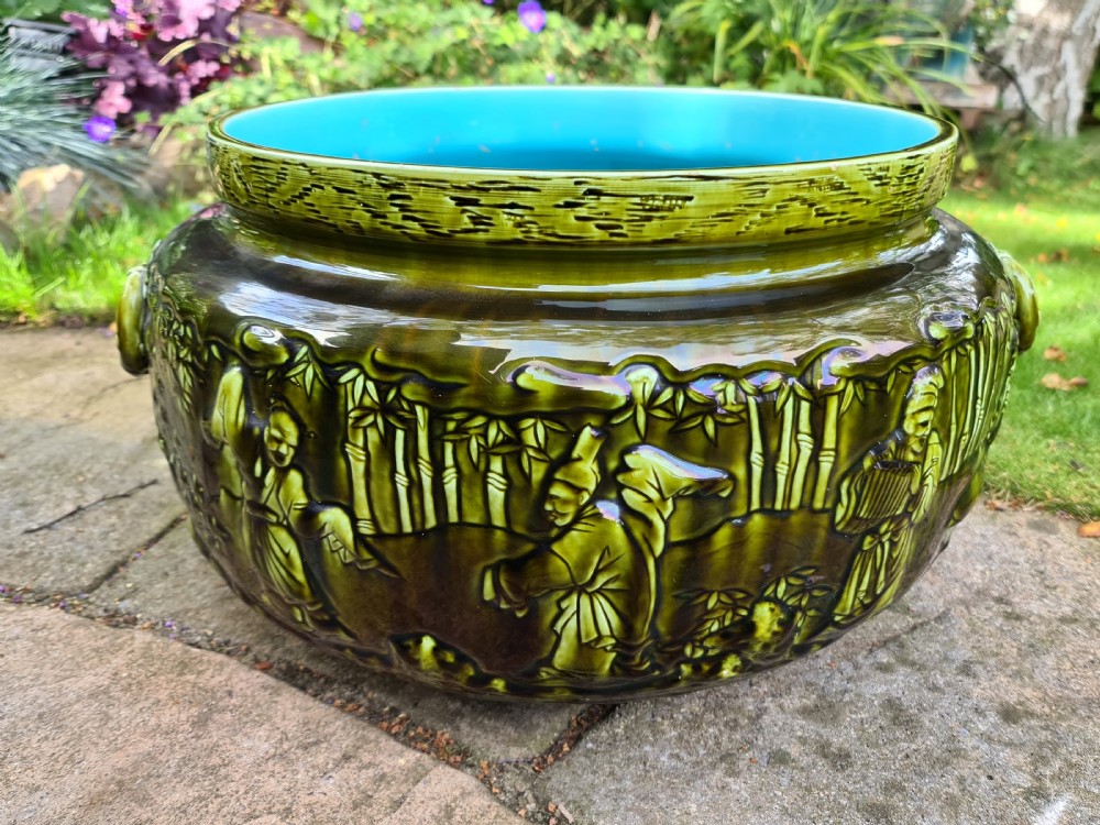 French Sarreguemines Majolica Jardiniere with it's own Chinese Chippendale Hardwood Stand View III