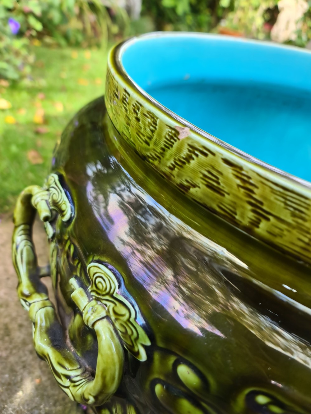 French Sarreguemines Majolica Jardiniere with it's own Chinese Chippendale Hardwood Stand View X