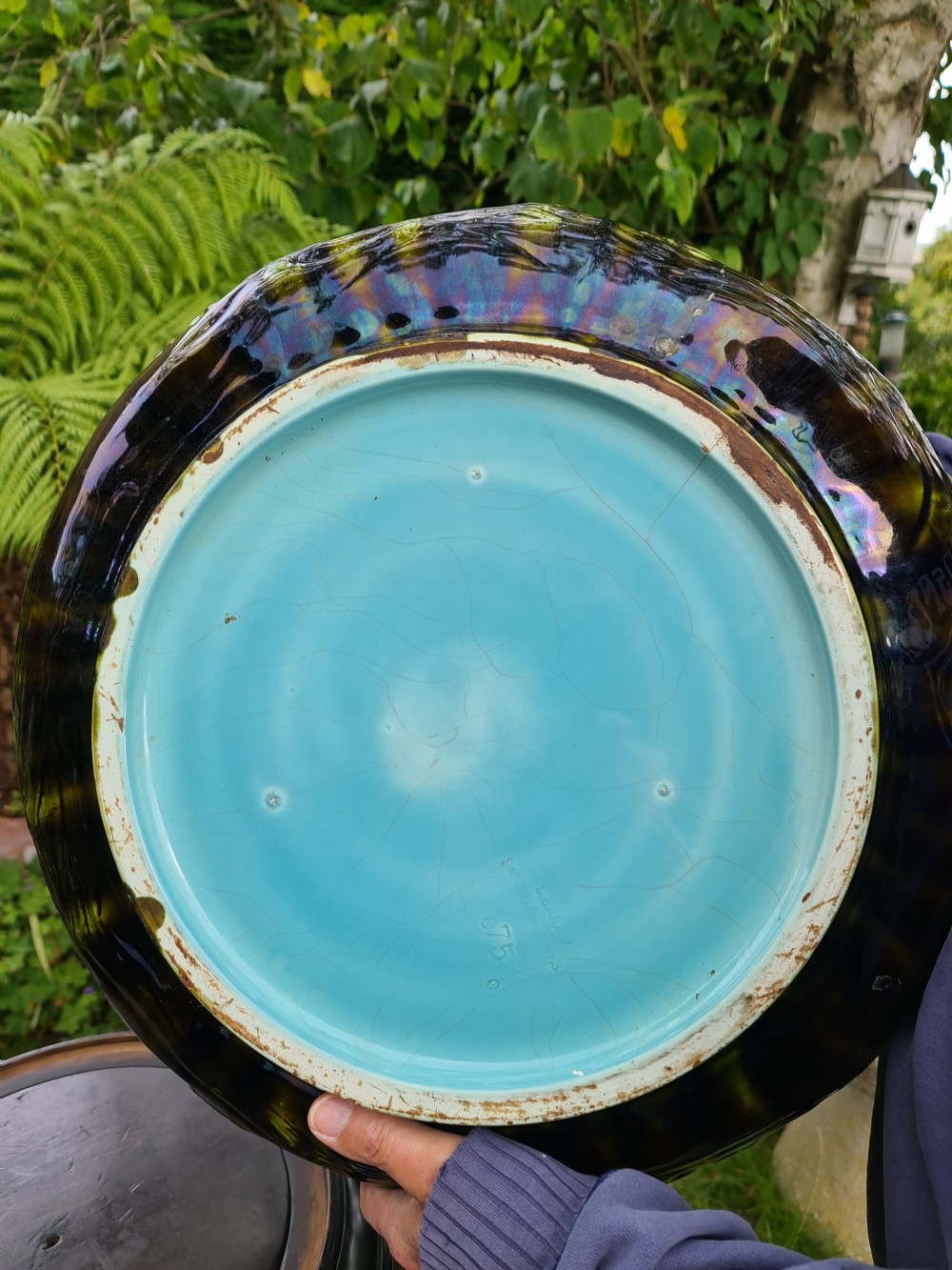 French Sarreguemines Majolica Jardiniere with it's own Chinese Chippendale Hardwood Stand View XI