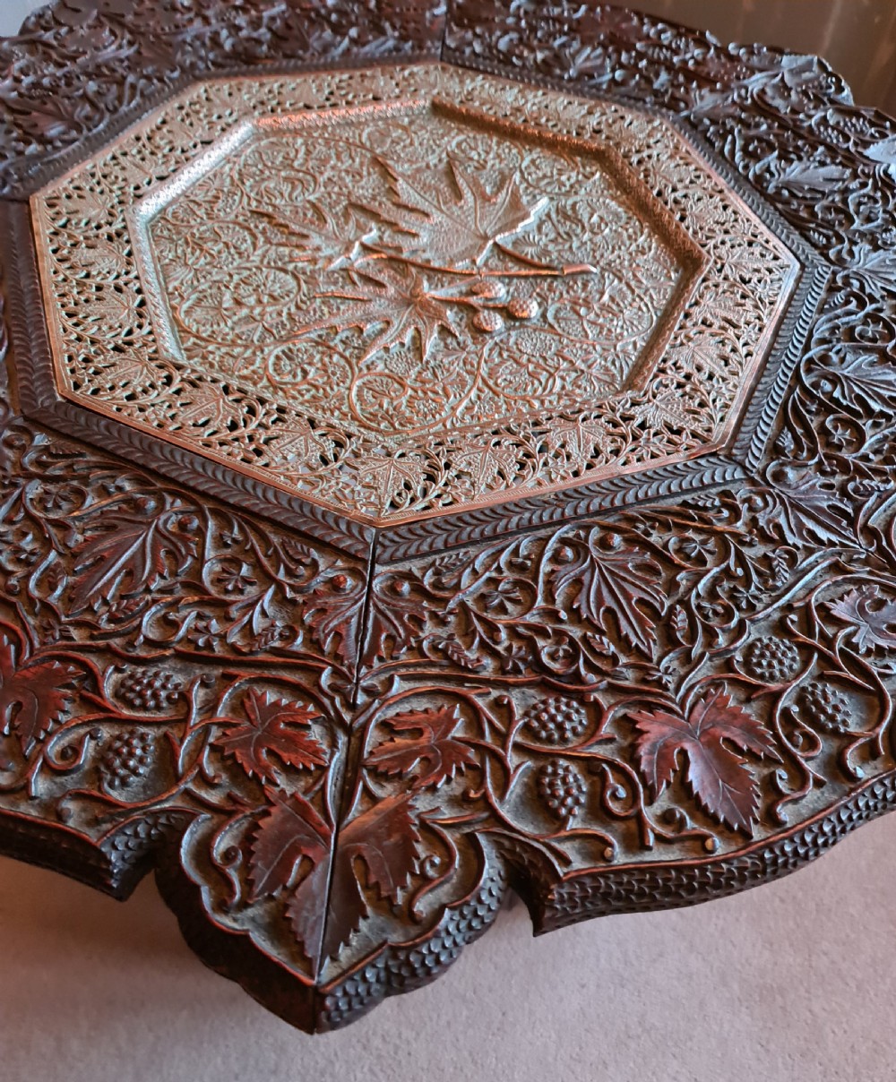 Beautifully carved Anglo-Indian Hardwood Table with Copper Insert View V