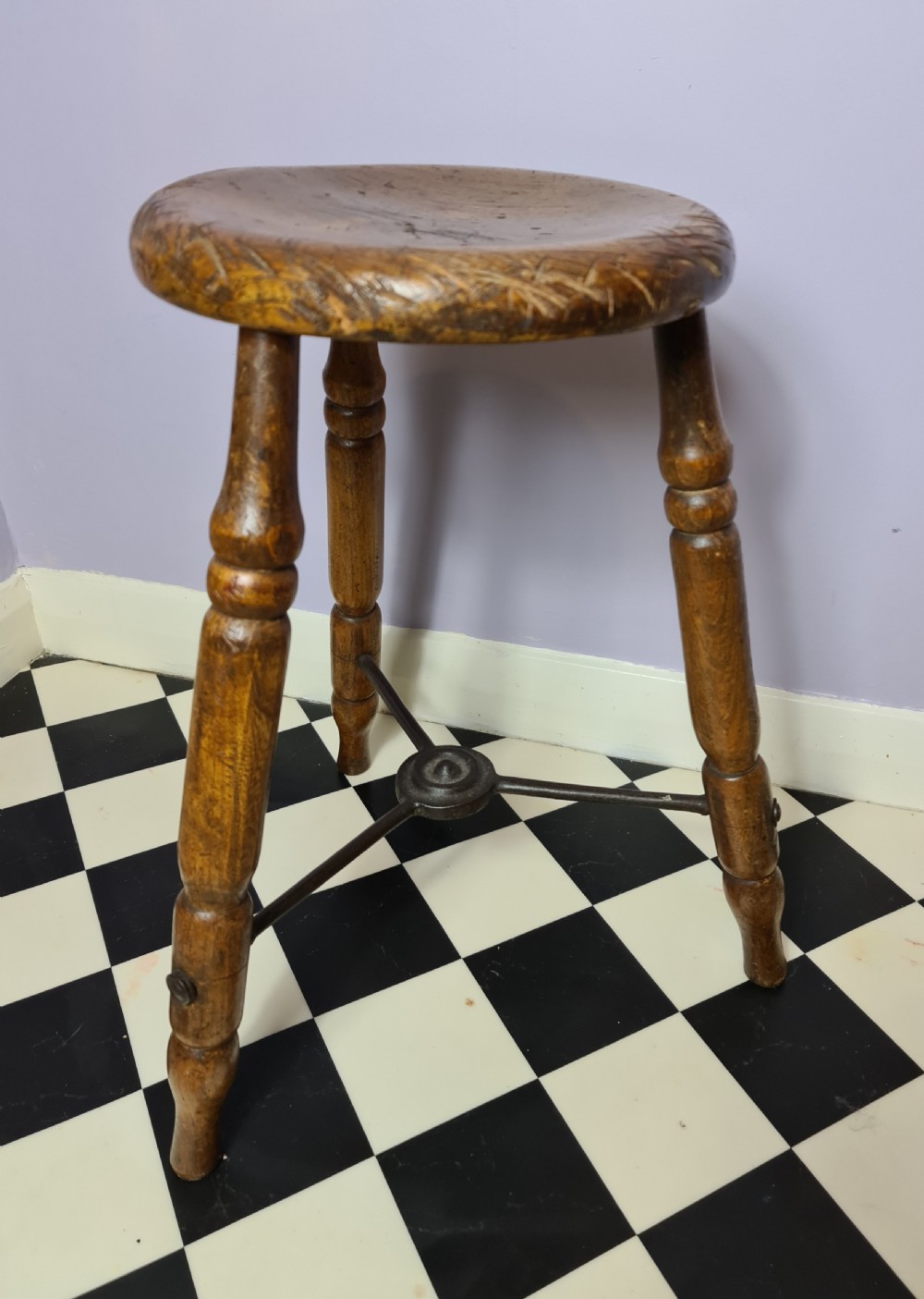 Traditional Victorian Kitchen Stool with metal Stretchers