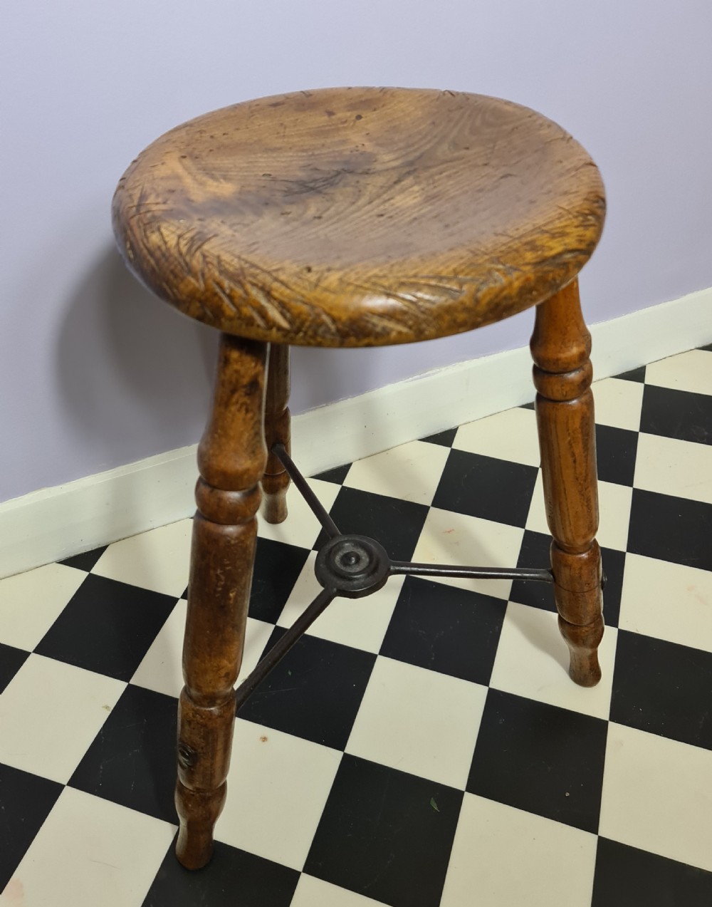 Traditional Victorian Kitchen Stool with metal Stretchers View II