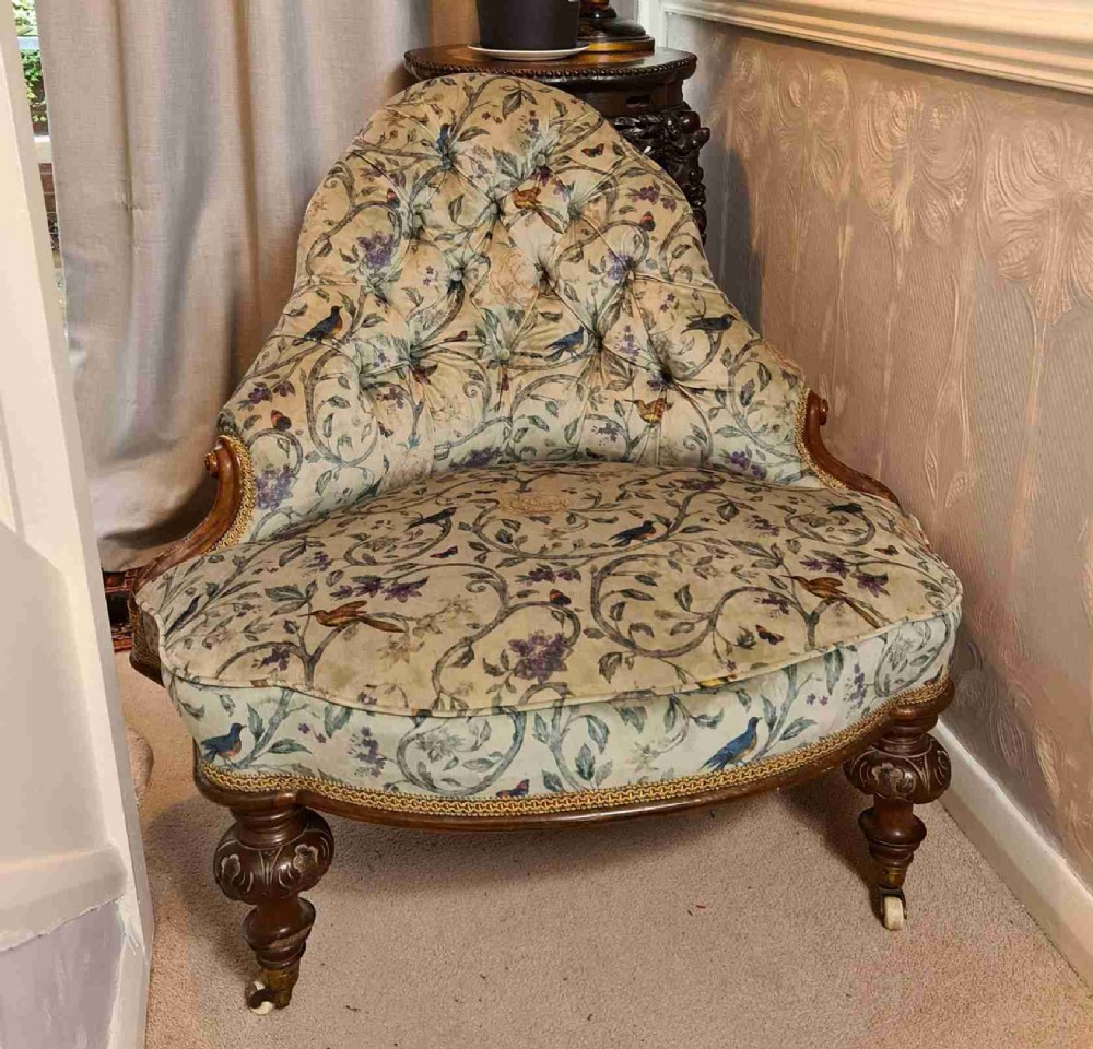 Unusual 19th Century Upholstered Corner Seat or Boudoir Chair