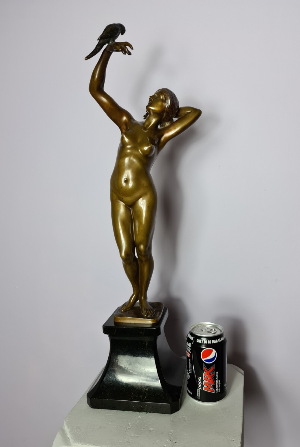 Art Deco Bronze of a Nude holding a Parakeet by Gotthilf Jaeger c1920 View III