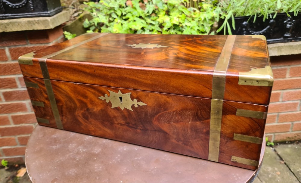 Large Victorian Brass Bound Flame Mahogany Writing Slope View XV