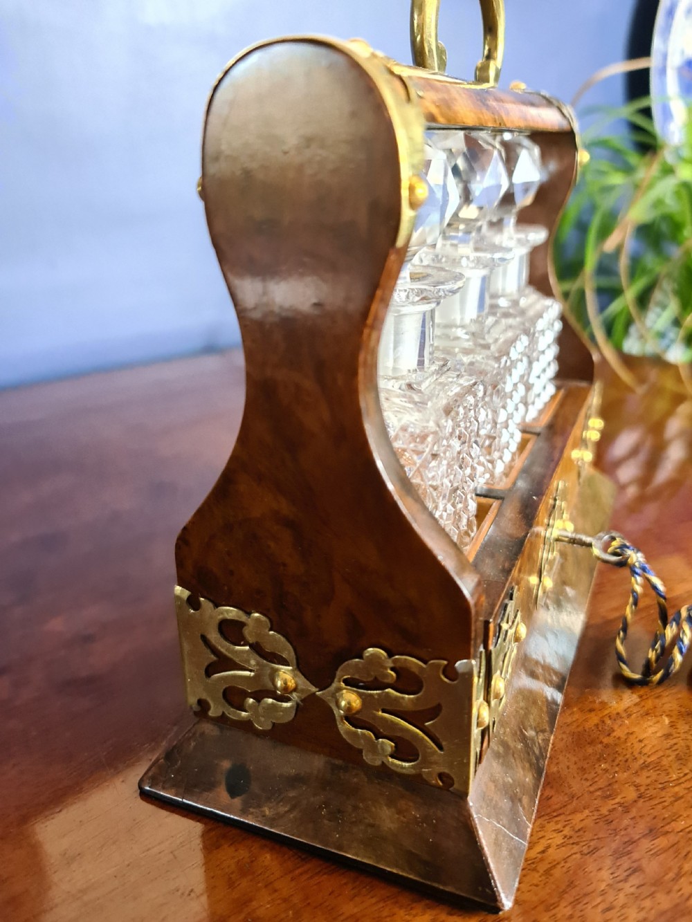 Late Victorian Miniature burr Walnut and Brass Tantalus c1900 View III